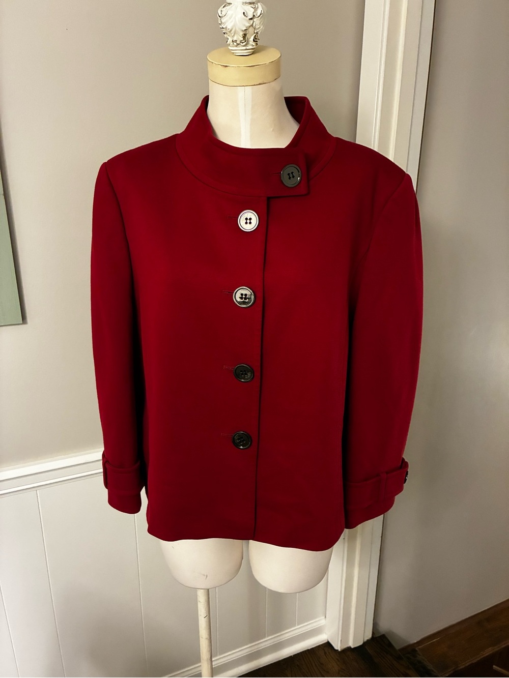 Tahari Crimson Red Blazer/ Pea Coat with Asymmetric Button Placket